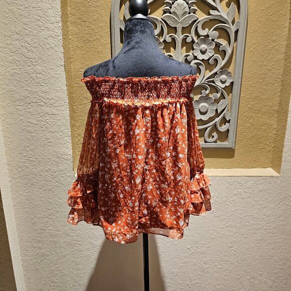 CeCe S Off Shoulder Floral Blouse Ruffle Sleeve Boho Cottagecore Garden Romantic - Picture 8 of 10